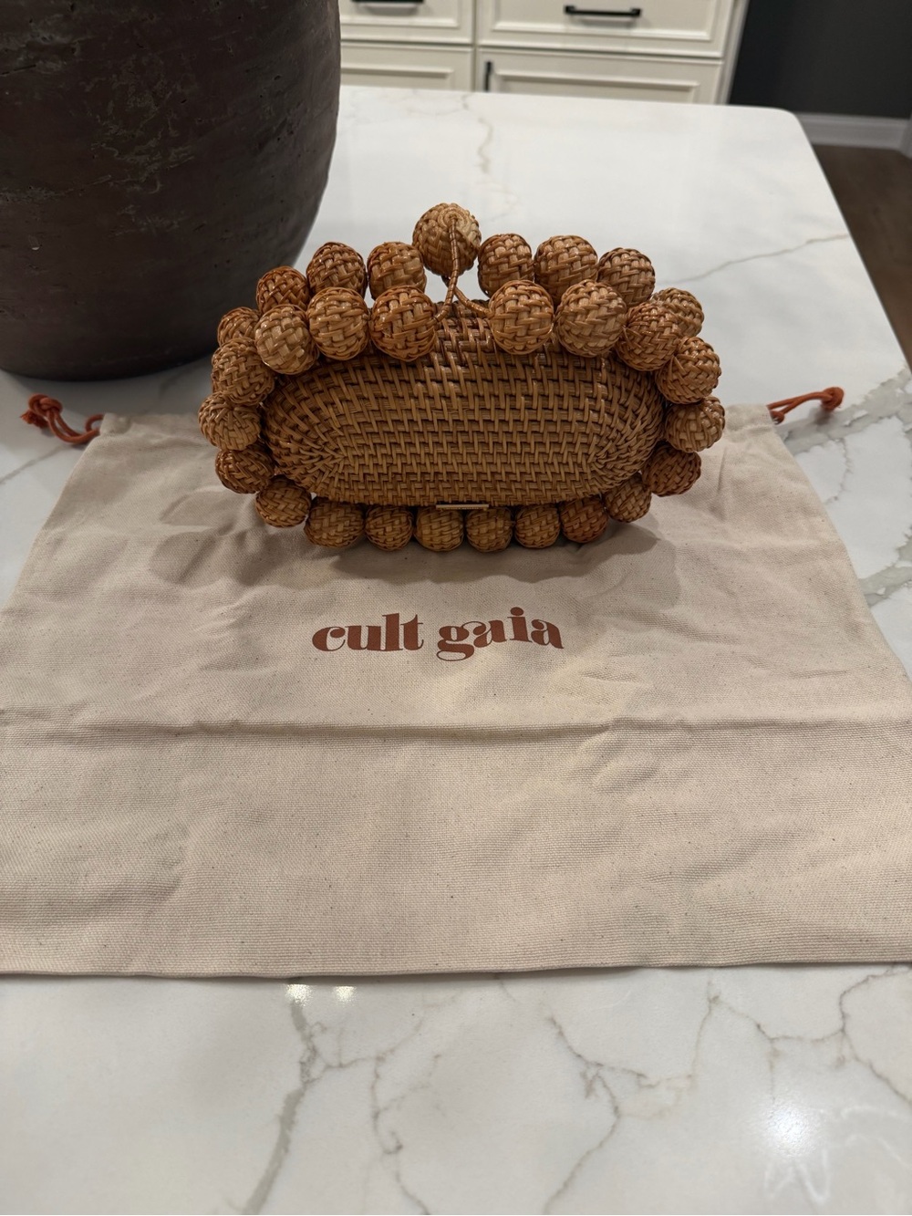 cult gaia tan woven beaded Ark clutch